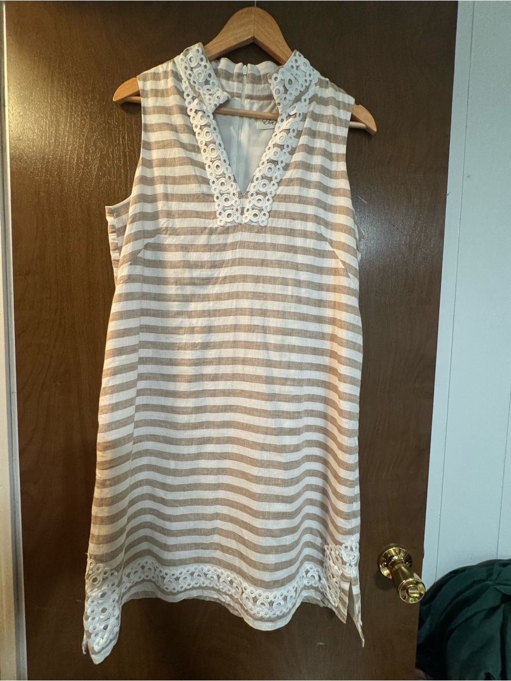 Eliza J Beige and White Striped Lace-Trim Shift Dress